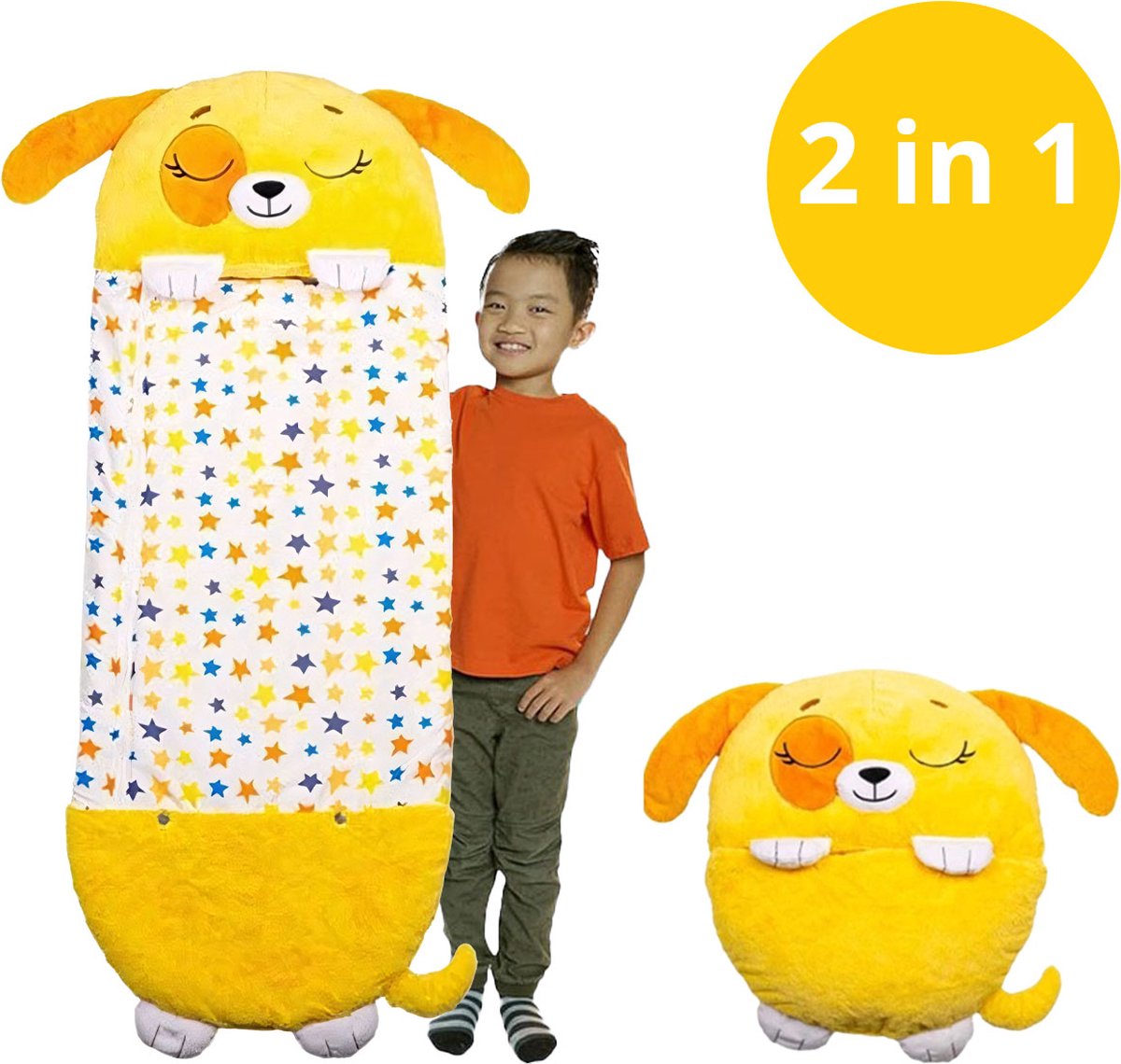 Slaapzak - Slaapzak kinderen - Kinderslaapzak - Slaapzak kind - Slaapzak junior - 2 in 1 Kussen en Slaapzak - Hond - Geel - Tot 5 jaar - Multifunctioneel - 110x50cm - Maat S