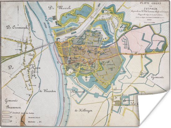 Carte historique de la ville de Zutphen Poster 160x120 cm - Tirage photo sur Poster (décoration murale salon / chambre) / Affiche villes européennes XXL / Groot format!