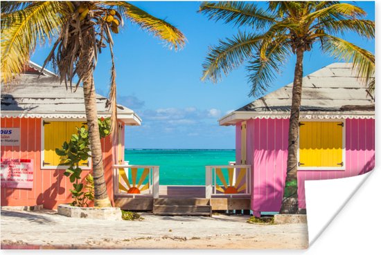 Kleurrijke strandhutjes Caraiben Poster 90x60 cm - Foto print op Poster (wanddecoratie)