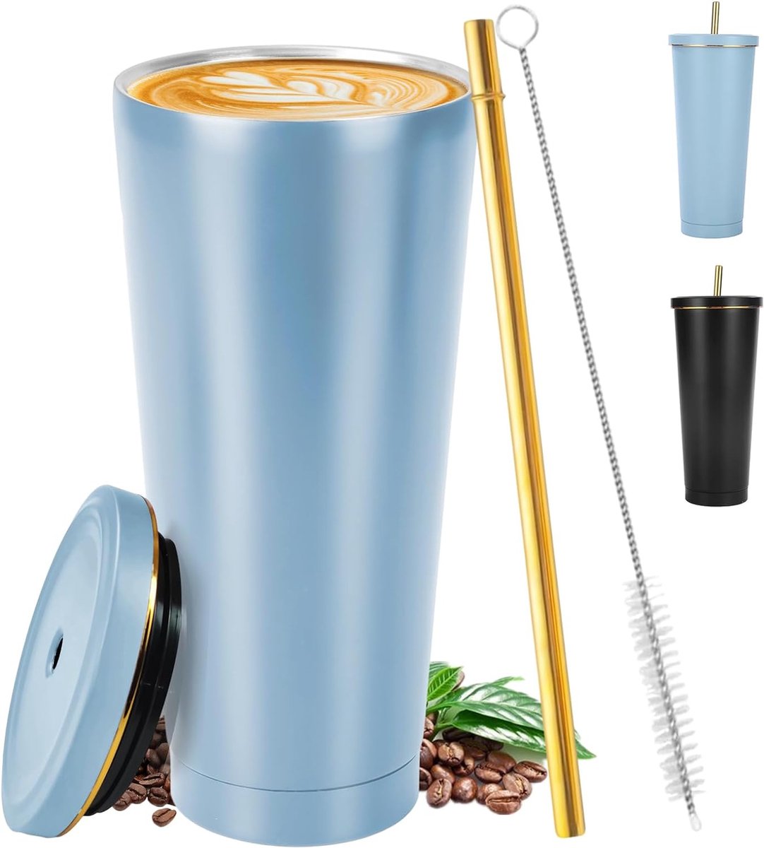 Goedkoopste Thermobecher Mit Strohhalm， 500ml Doppelwandiger Thermobecher，trinkbecher mit deckel und strohhalm ，Für Eisige Oder Heiße Getränke (Blau