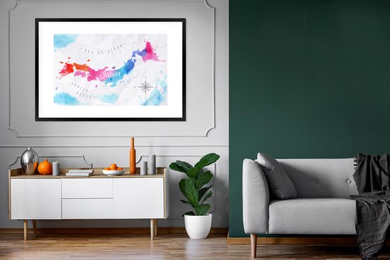 Poster in lijst - Fotolijst 120x80 cm - Posters - Kaart - Kleur - Japan - Posterlijst zwart - Decoratie - Wanddecoratie woonkamer - Muurdecoratie slaapkamer