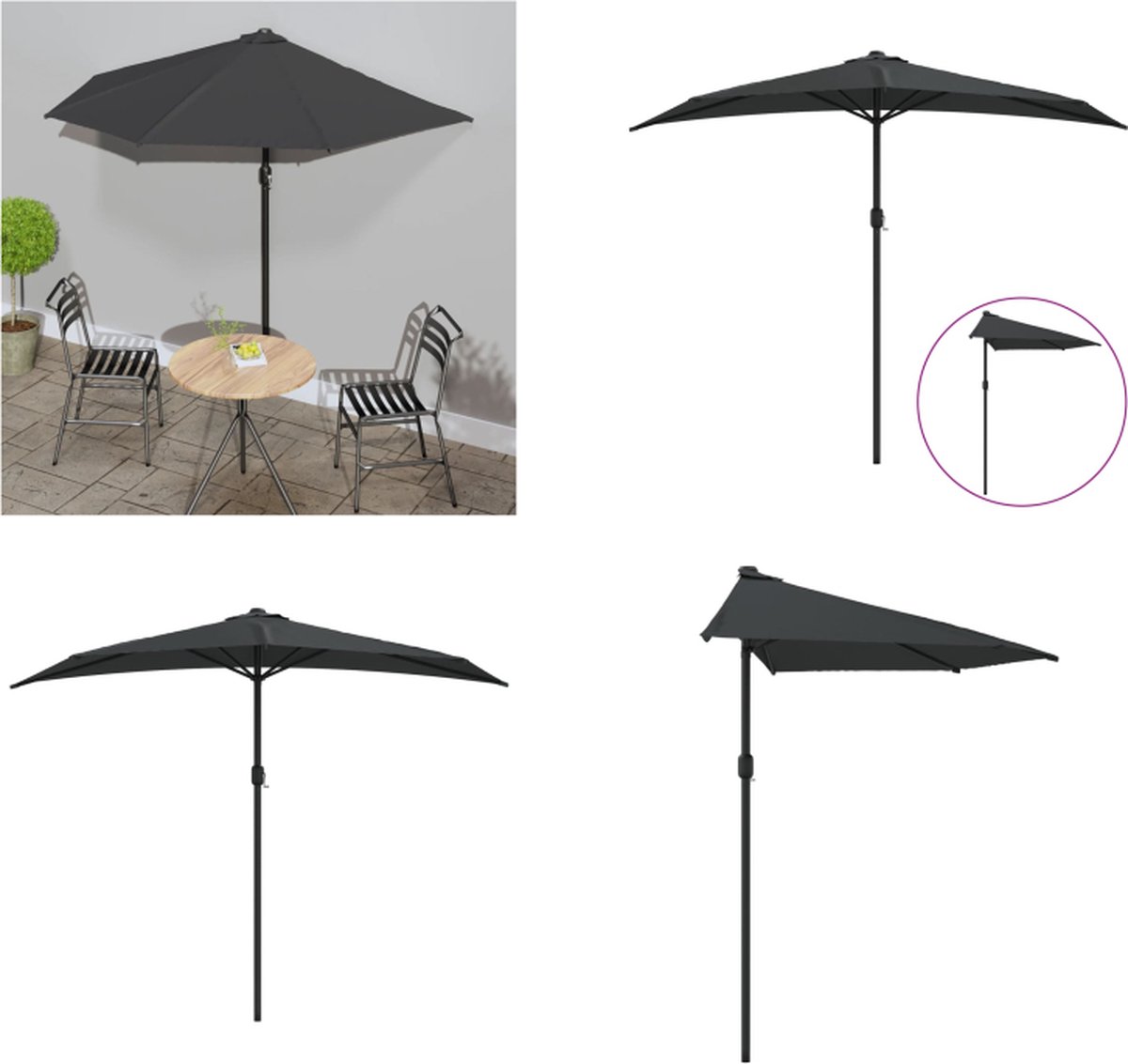 VidaXL Balkonparasol half met aluminium paal 270x144 cm antraciet Balkonparasol Balkonparasols Buitenparasol Buitenparasols
