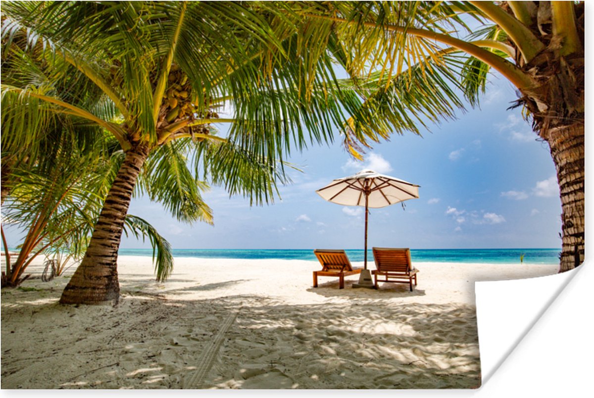 Poster 60x40 cm - Strandstoel - Parasol - Palmboom - Posters - Kamer decoratie - Wanddecor