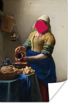 Melkmeisje van oude meester Johannes Vermeer met roze verfklodder 20x30 cm - klein - Foto print op Poster (wanddecoratie woonkamer / slaapkamer)