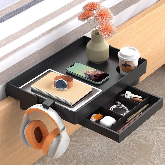 Foto: Opvouwbare bedplank met lade clip on nachtstand hangende tray organizer met diepe cup houder voor bed en stapelbed college dorm essentials zwart kunststof