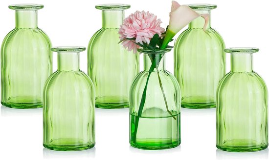 Kleine vazenset, glazen vaas, 6 stuks, mini-bloemenvaas, groen, vintage, glas, rond, glazen vazen, flessenvaas, kleurrijk, klein geribbeld, tafelvaas, vazenset, glazen fles, decoratie voor