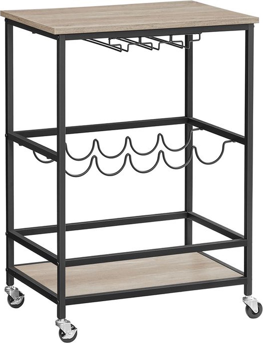 Serveerwagen - keukenwagen - keukenwagen op wielen - met planken - glas- en flessenhouders - wijnrek - industrieel design - Greige Gemêleerd Zwart