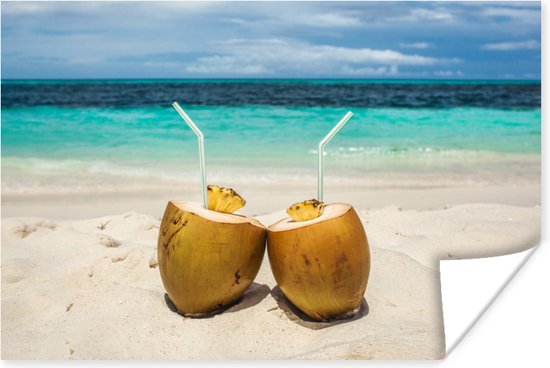 Kokosnoten Caribisch strand Poster 60x40 cm - Foto print op Poster (wanddecoratie woonkamer / slaapkamer) / Caraïben Poster