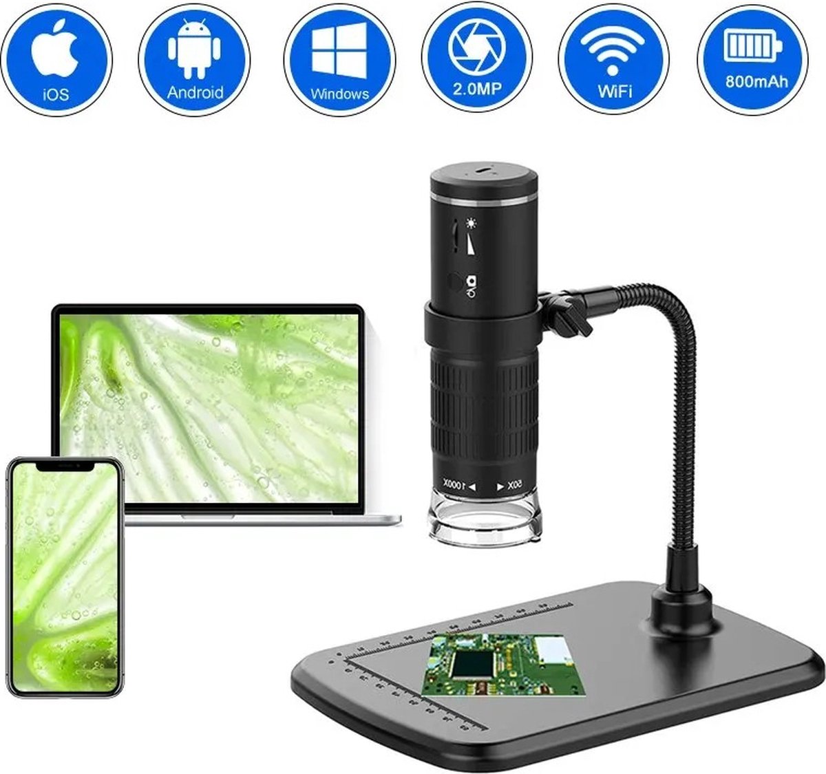 Digitale Microscoop - 1000x Zoom - Microscopie - Endoscoop - Foto & Video - USB/Micro USB/Type C connectie - Geen Apple - MET App