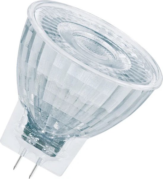 Heldere, glazen GU4 spot met twee metalen pinnetjes.