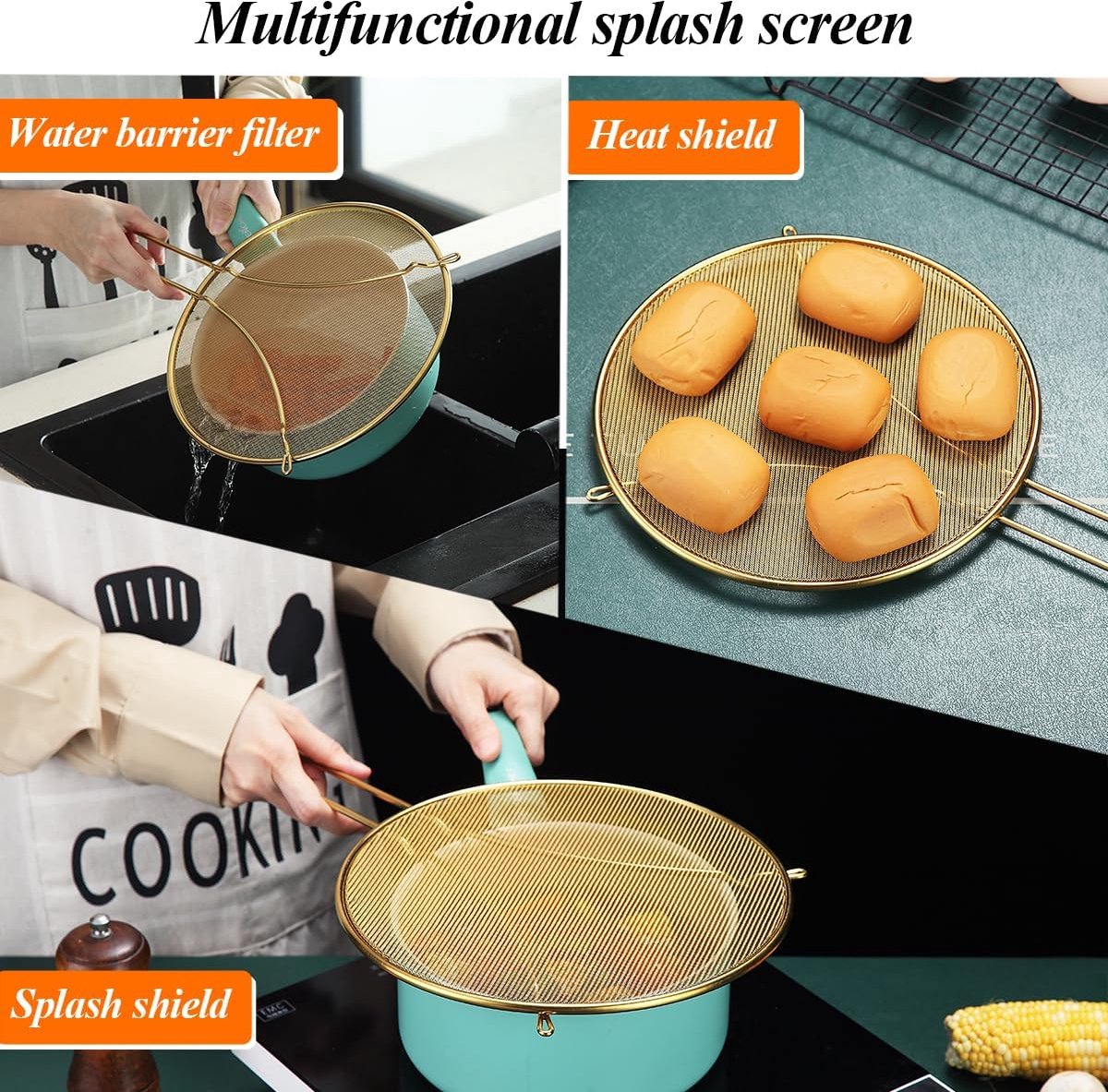 Evanda 30 CM Gouden spatbescherming voor koken, roestvrijstalen fijn gaas voor koekenpan, vetbescherming voor pan om hete oliespatten tegen te houden, beschermt de huid tegen brandwonden