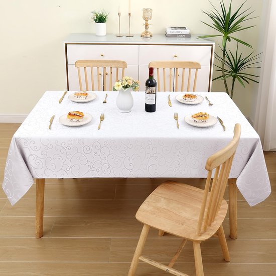 Homaxy Tafelkleed, afwasbaar, rechthoekig, 130 x 220 cm, polyester, tafelkleed, jacquard, tafellinnen, ornamenten, vuilafstotend, onderhoudsvriendelijk, wit
