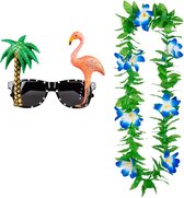 Tropische Hawaii party verkleed accessoires set - Funny zonnebril - en bloemenkrans groen/blauw - voor volwassenen