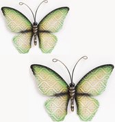 Wanddecoratie vlinders - set 2x - groen - 30 x 21 cm - metaal - muurdecoratie