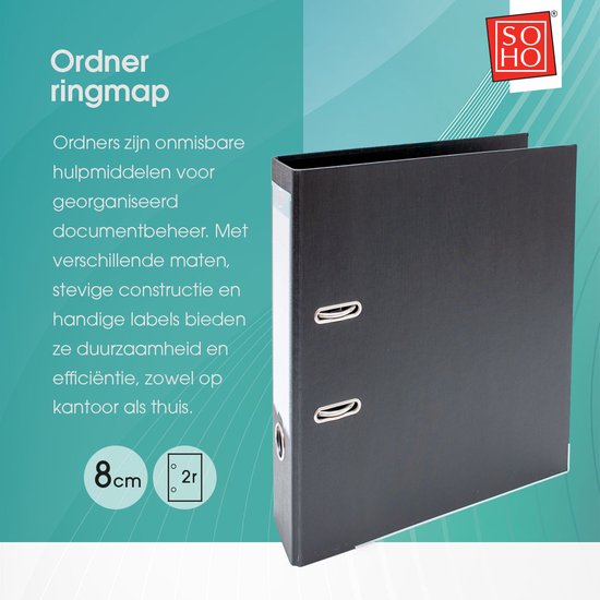Zwarte A4 ordner met een 8 cm brede rug en 2 ringen.