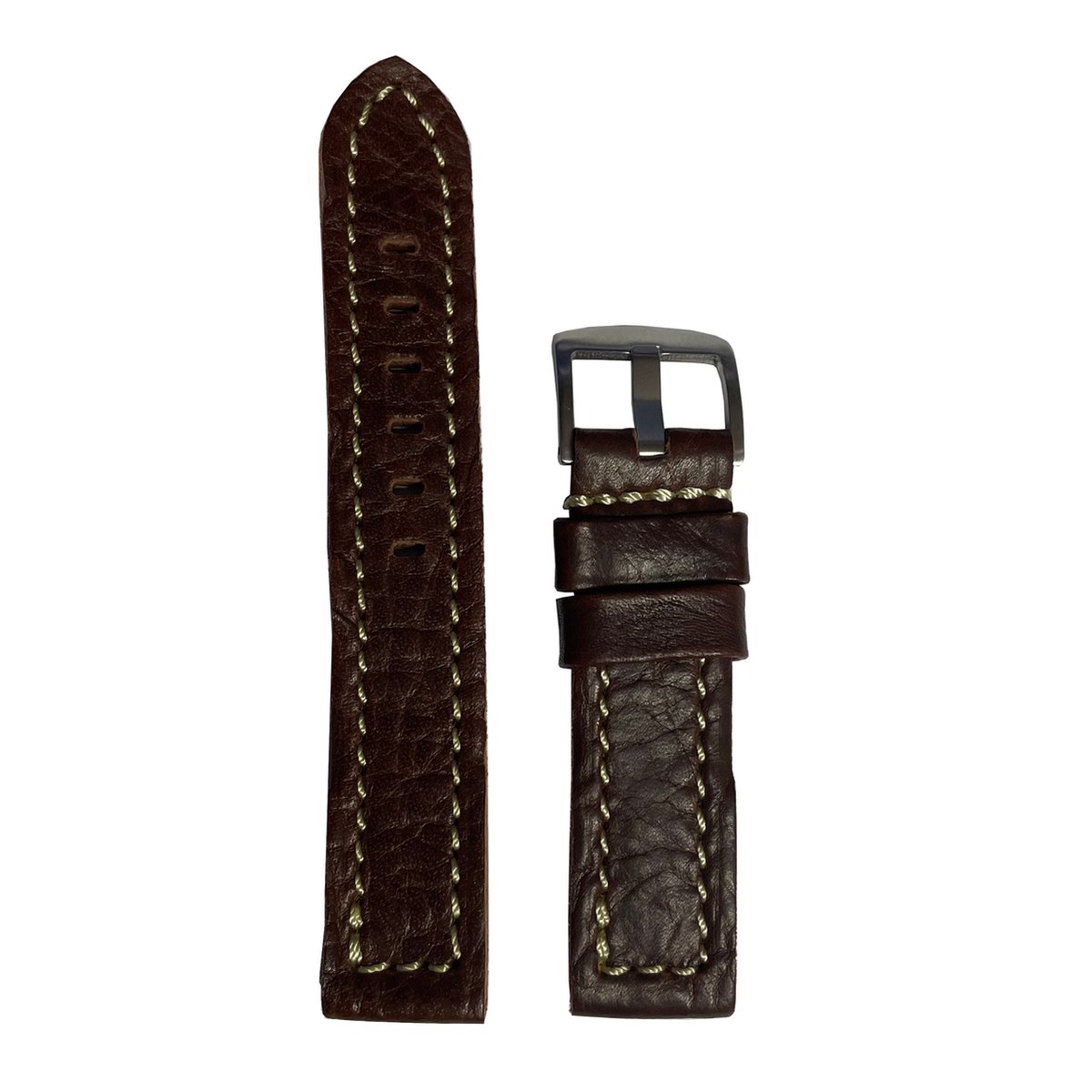 Horlogeband -20mm - Bruin ( wit stiksel-dik ) - echt leer - Roesvrijstalen gesp