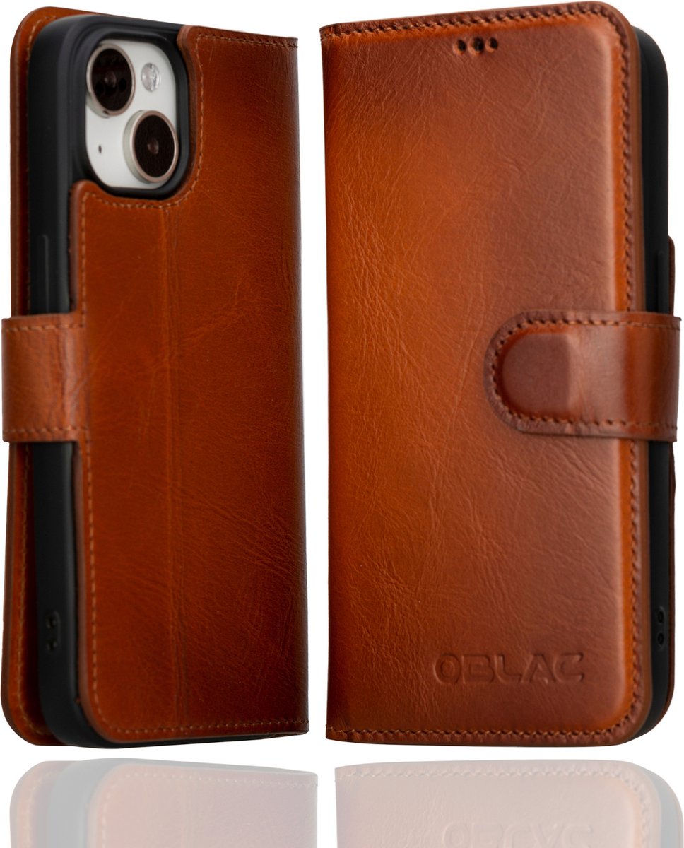Oblac iPhone 14 Pro Hoesje van Echt Leer | Cognac Bruin Book Case | Met pasjeshouder | Ruimte voor vier pasjes