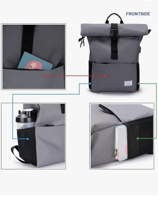 rugzak rolltop groot dames heren, schoolrugzak veel vakken met 15,6"laptopvak,... bol