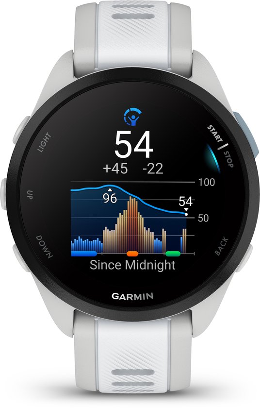 Garmin Forerunner 165 smartwatch met wit bandje, scherm toont 'Since Midnight', grafiek en data.