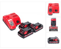 Milwaukee M18 NRG-303 Accu Startset High Output 3x 18 V 3.0 Ah / 3000 mAh Li-Ion accu ( 3x 4932471069 ) + M12-18FC lader ( 4932451079 )