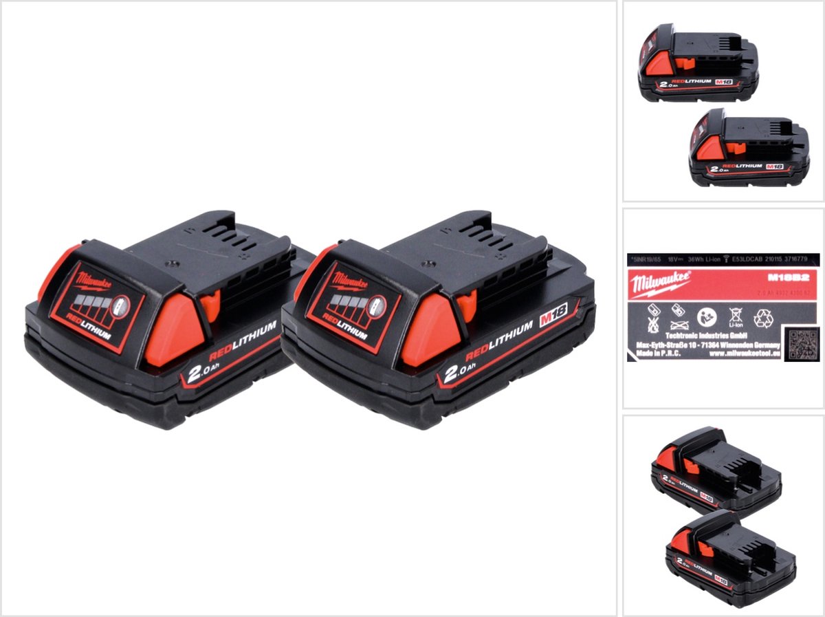 Milwaukee M18 B2 accuset 18 V 2x 2,0 Ah / 2000 mAh RED Li-Ion ( 2x 4932430062 )