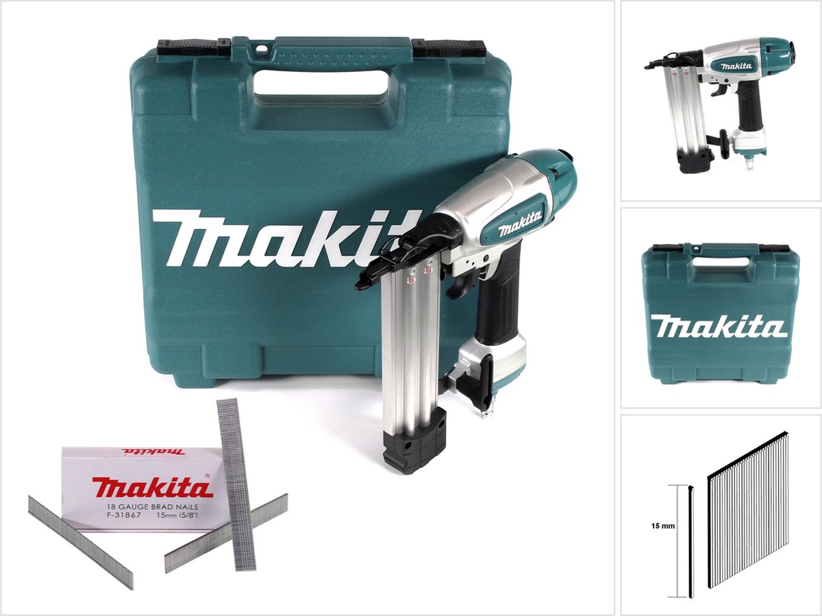 Makita AF 506 Pneumatische schietspijker 15-50mm 4.3-8.3bar + 5000x schietspijker 15mm gegalvaniseerd + koffer