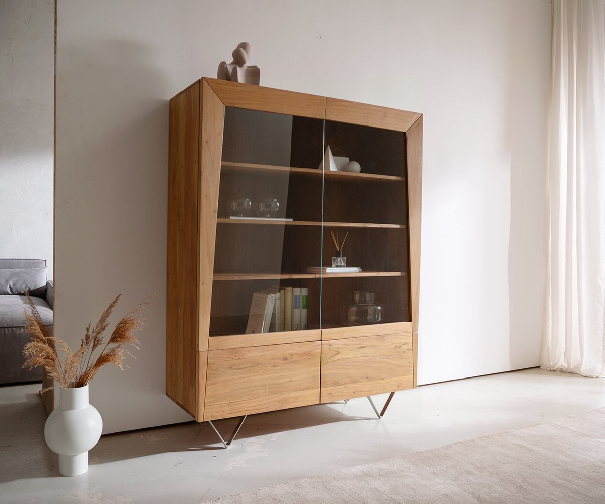 Vitrinekast Kayu acacia natuur 115x150 cm 2 glazen deuren V-poot highboard