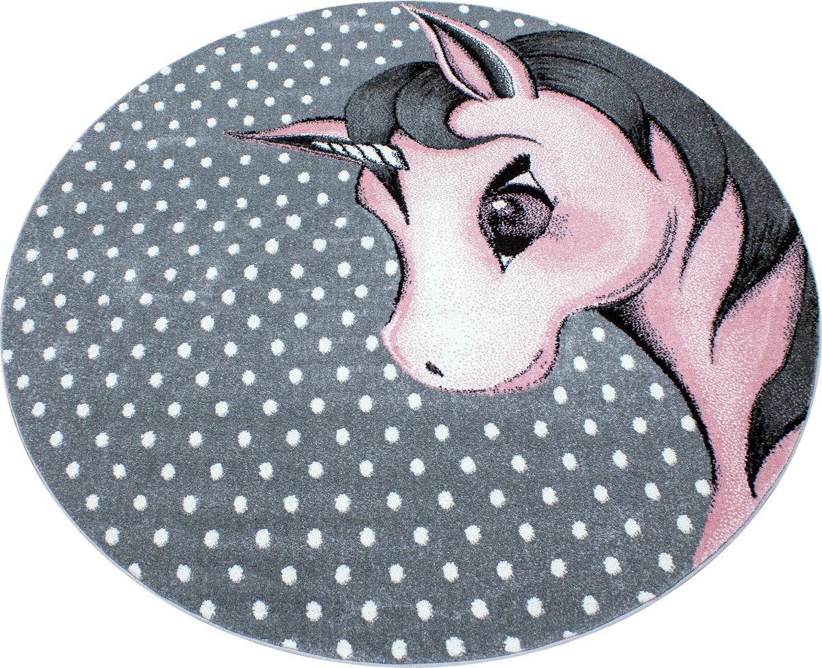 flycarpets Flycarpets - Kids Kinderkamer Eenhoorn Roze Vloerkleed Rond - 160x160 cm Grijs
