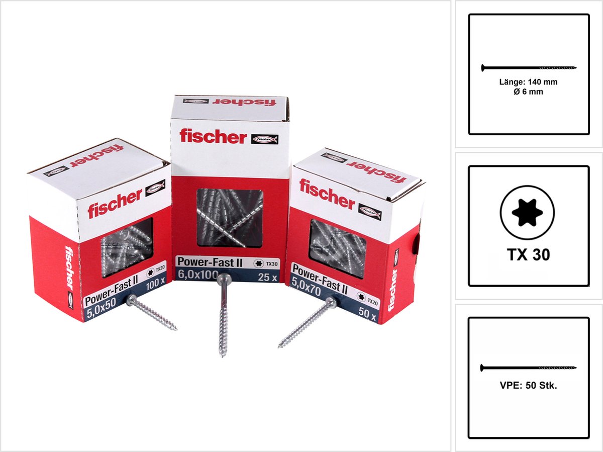 Fischer 50x Power-Fast II FPF II CTP 6 x 140 mm BC schroef met verzonken kop en TX30 binnenzeskant gedeeltelijke schroefdraad gegalvaniseerd blauw gepassiveerd - 670692