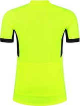 Fluorgeel wielershirt met korte mouwen, zwarte zijkanten en manchetten. Drie zakken op de rug.