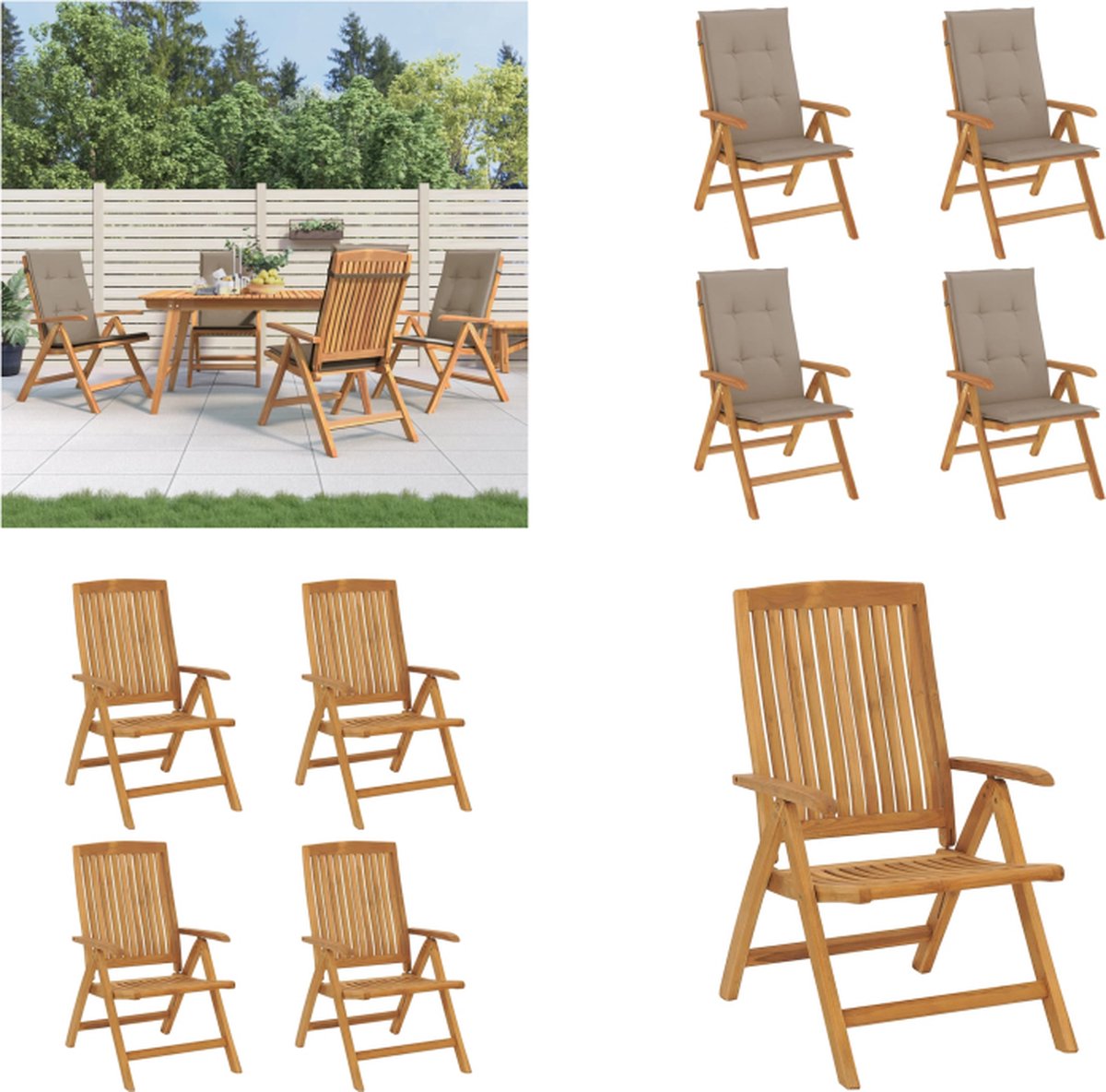 VidaXL Tuinstoelen 4 st verstelbaar met kussens massief teakhout Tuinstoel Tuinstoelen Campingstoel Standenstoel