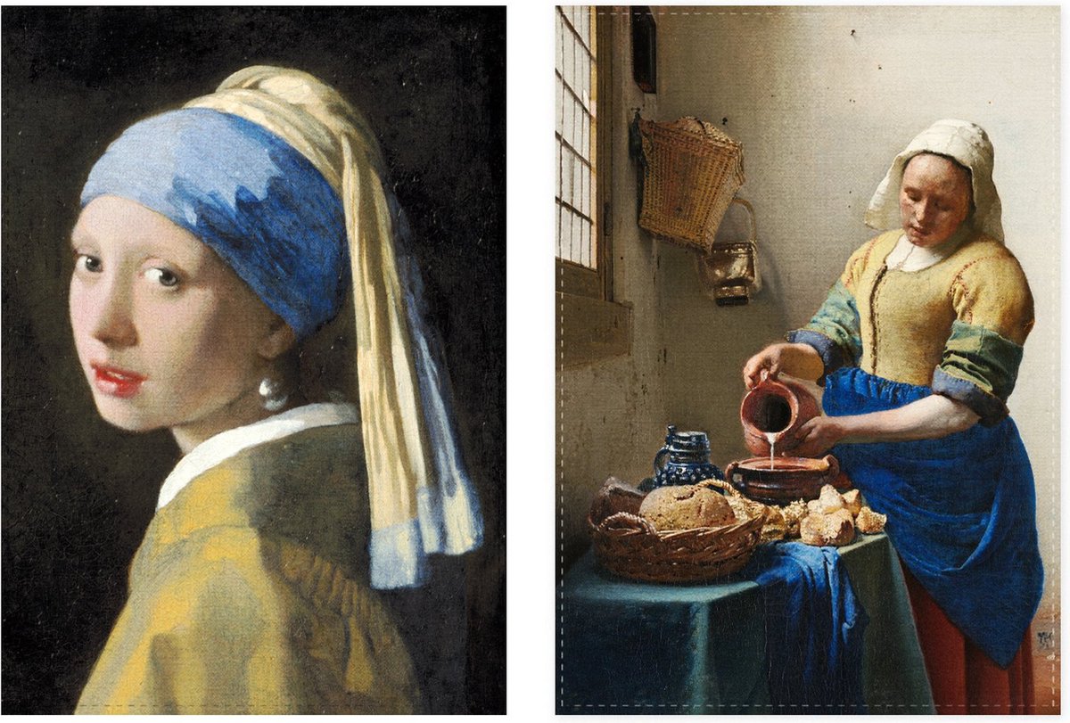 Set van 2 theedoeken - kunst collectie - Vermeer, meisje met de parel & het melkmeisje - 100 % katoen 50 x 70 cm by supervintage