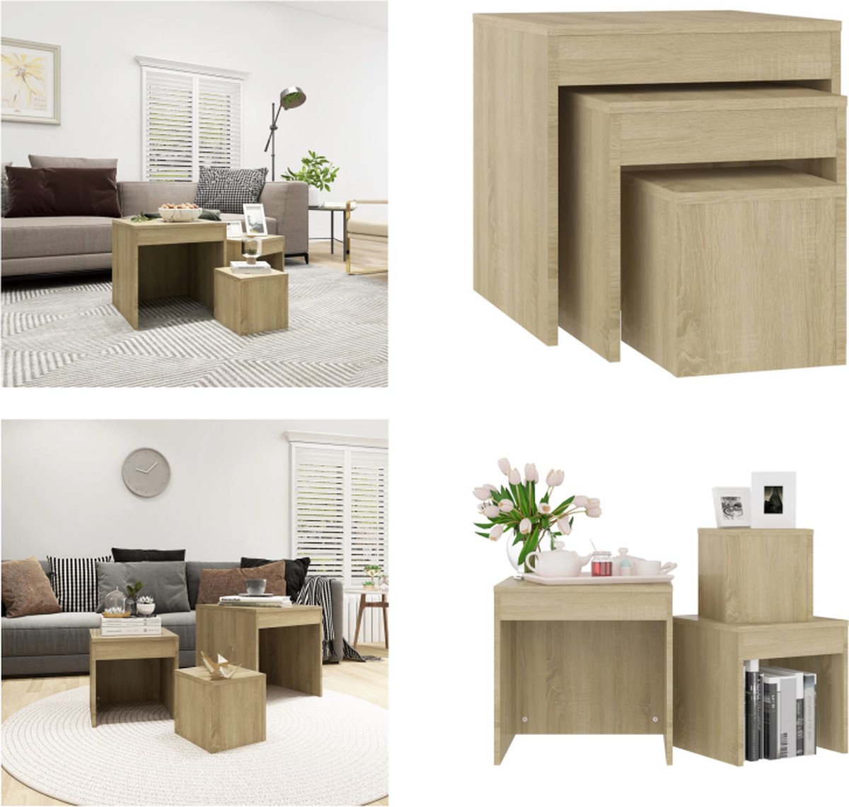 vidaXL 3-delige - Tafeltjesset - bewerkt - hout - sonoma - eikenkleurig sonoma eiken