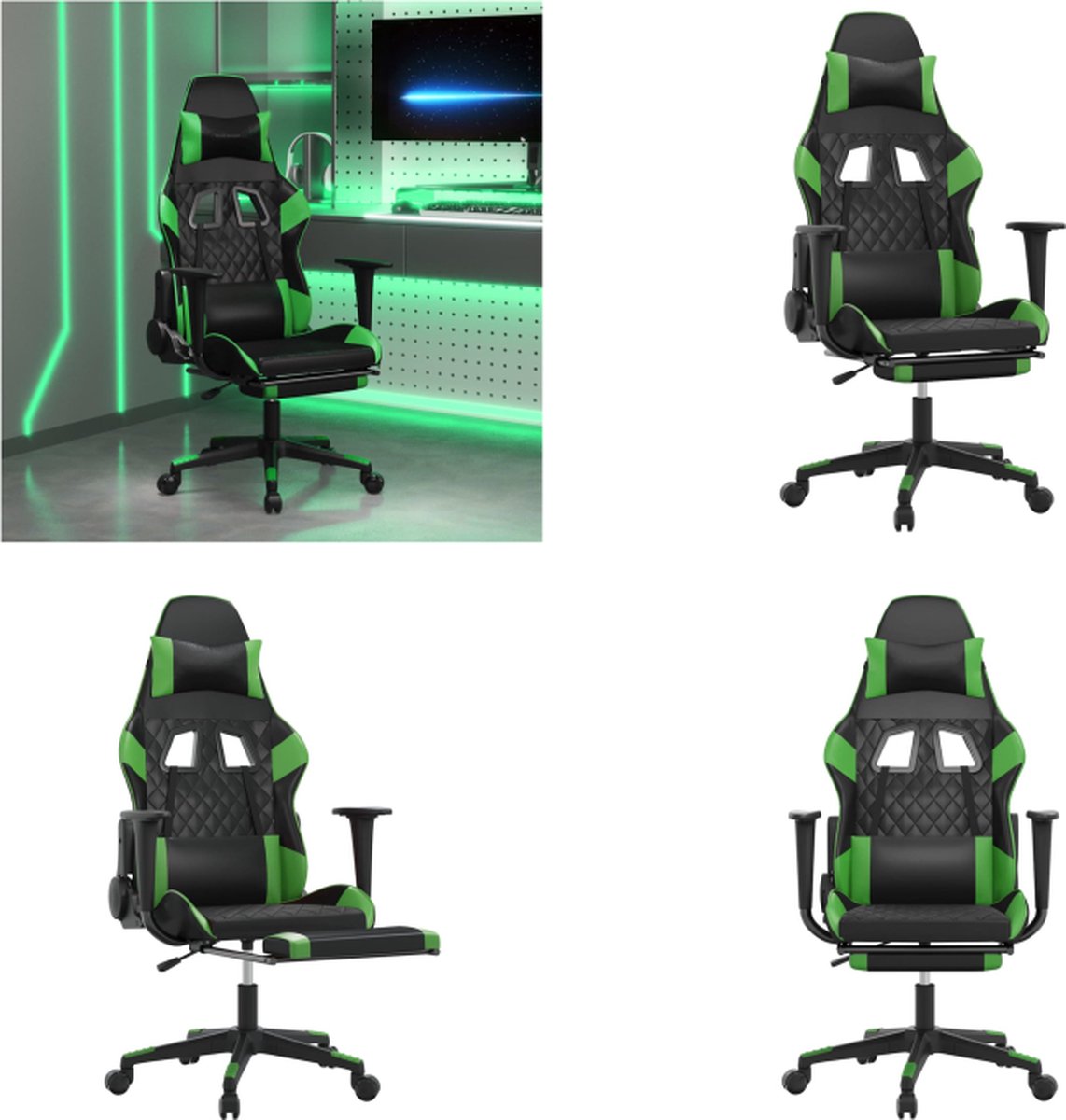 vidaXL Massage gamestoel met voetensteun kunstleer zwart en groen - Gamingstoel - Gamingstoelen - Televisiestoel - Racingstoel