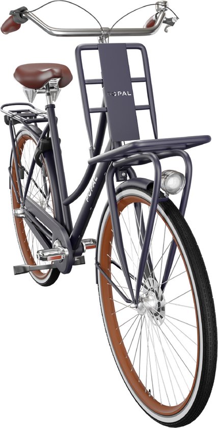 Donkerblauwe transportfiets met bruin zadel en handvatten, bruine velgrand en bagagedrager.