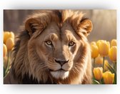 Leeuw met tulpen - Wilde dieren muurdecoratie - Schilderijen canvas leeuw - Muurdecoratie klassiek - Canvas schilderijen woonkamer - Kunstwerk - 70 x 50 cm 18mm