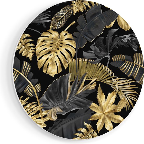 Artaza Forex Muurcirkel Gouden Tropische Bladeren - 50x50 cm - Klein - Wandcirkel - Rond Schilderij - Muurdecoratie Cirkel