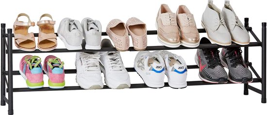 Metalen schoenenrek - Slanke open plank voor maximaal 10 paar schoenen - Uitschuifbaar, stapelbaar, stevig - Matzwart