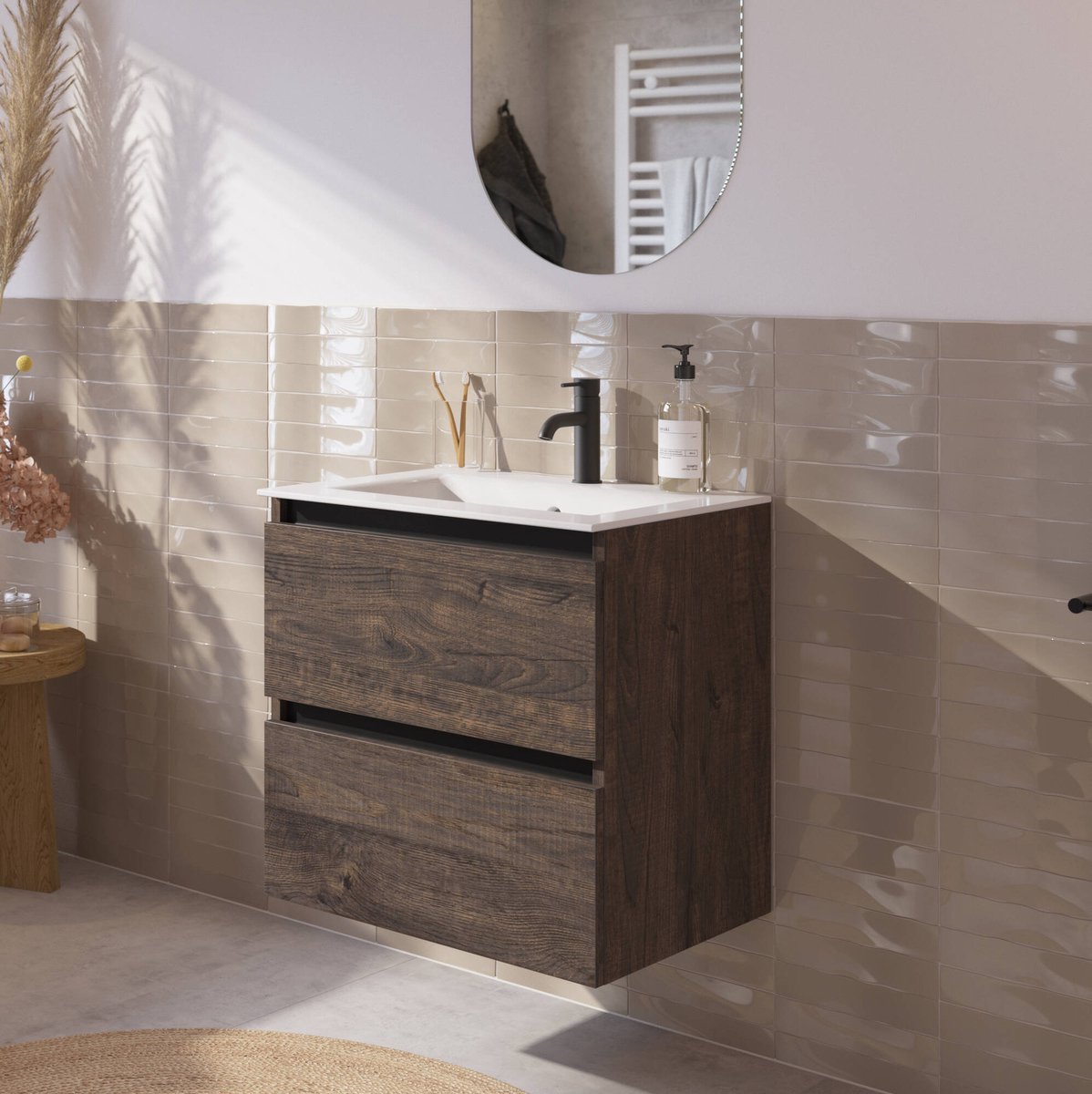 Saqu Gaia Badkamermeubel Set - 61x51 cm - Voorgemonteerd - Bruin - Wastafelmeubel - Badmeubel