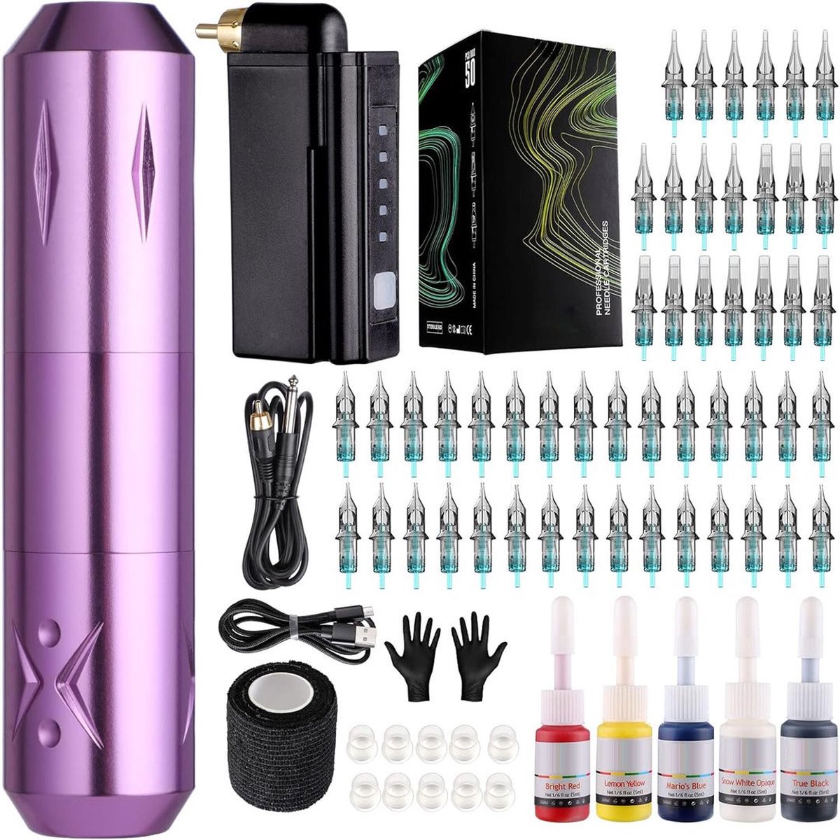 Hoge Kwaliteit Tattoo Machine met Accessoires - Tattoo Machines Draadloos - Tattoo Set Inclusief Inkt en Naalden - Tattoo Kit met Opbergkoffer - Voor Professionals en Beginners - Paars