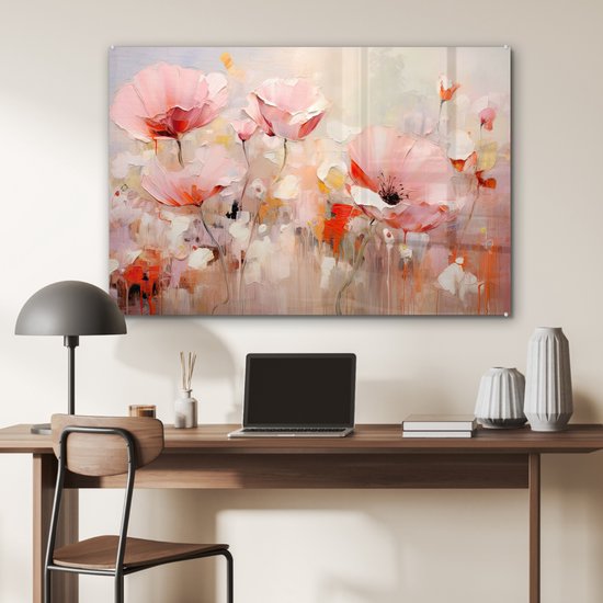MuchoWow® Glasschilderij 120x80 cm - Schilderij acrylglas - Bloemen - Watercolor - Roze - Abstract - Kunst - Foto op glas - Muurdecoratie woonkamer - Wanddecoratie slaapkamer - Schilderijen