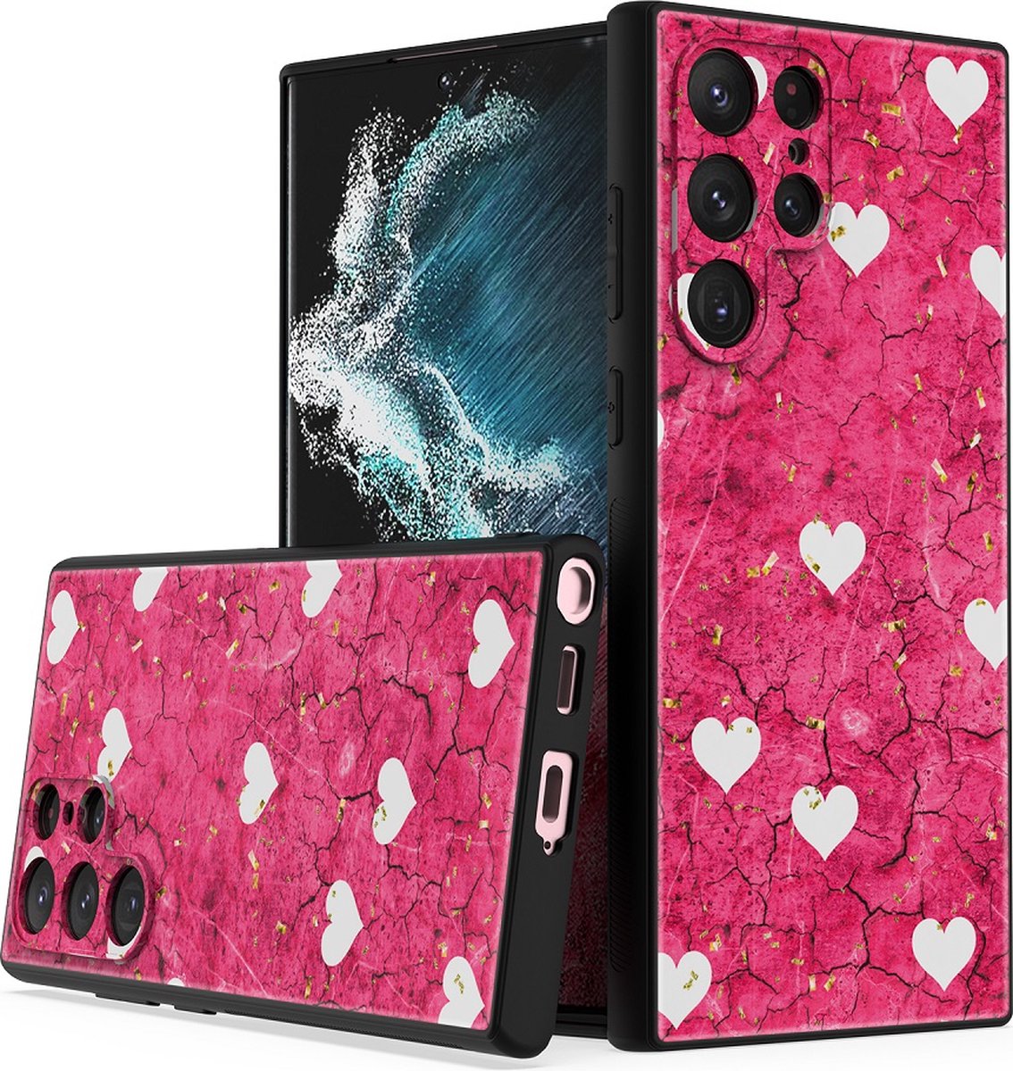 Silicone Hoesje Print - Backcover - Geschikt voor Samsung Galaxy S23 Ultra - Roze Hartjes