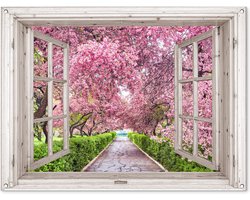 Tuinposter doorkijk sakura - Wit raam - Tuindecoratie roze bloemen - 120x90 cm - Tuinschilderij voor buiten - Tuindoek bloesemboom - Wanddecoratie tuin - Schuttingdoek - Balkon decoratie - Tuinversiering buitenposter - Muurdecoratie