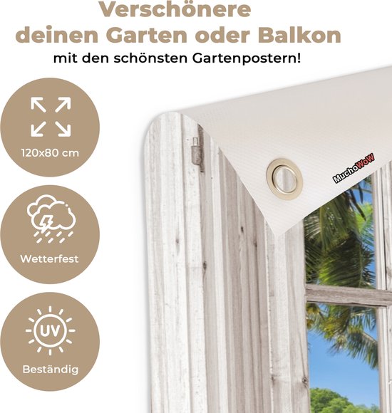 Poster de jardin palmier transparent - Décoration de jardin plage - 120x80 cm - Décoration murale pour extérieur - Décoration clôture mer - Poster extérieur - Toile de clôture - Toiles de jardin - Toile de Jardin - Poster balcon..