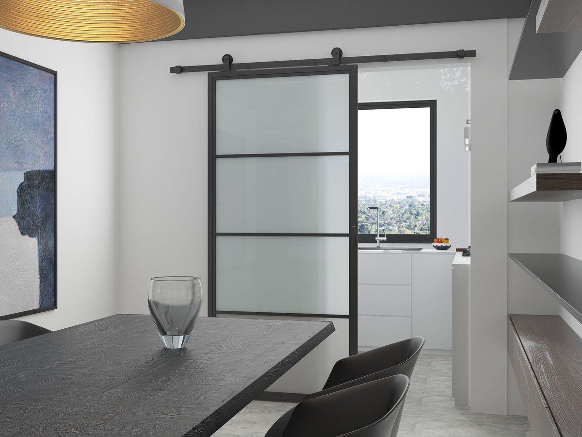 Barnwoodweb Schuifdeur staal en glas 4 vaks melkglas 100x235 - Complete set inclusief schuifdeursysteem en deurgreep