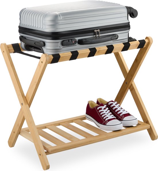 Porte-valise Relaxdays - bambou - jusqu'à 50 kg - valise d'hôtel standard - pliable - avec étagère