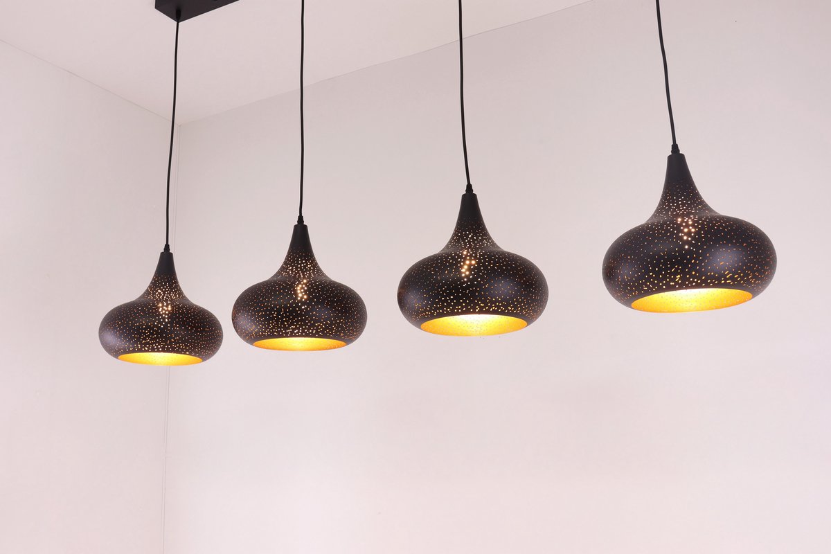 Hanglamp - 4lichts - zwart met gouden binnenkant - 150cm