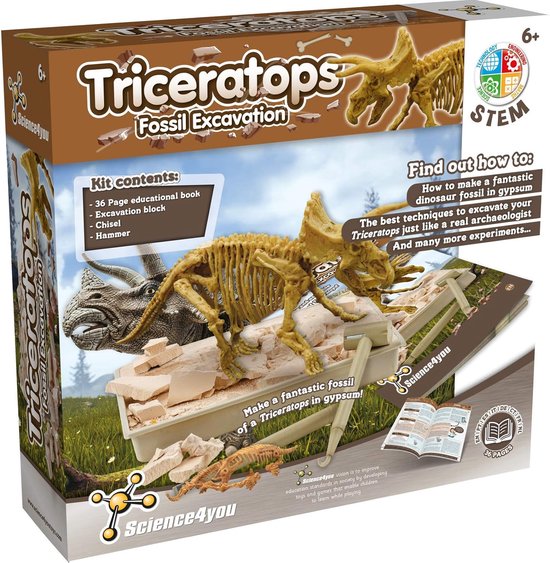 Doos van de Science4you Triceratops Fossil Excavation, met een afbeelding van een opgegraven dinosaurus skelet en een dinosaurus.
