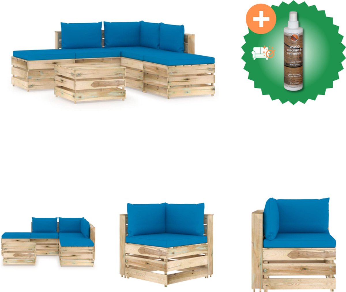 VidaXL Pallet Loungeset Grenenhout hoekbank 69 x 70 x 66 cm middenbank 60 x 70 x 66 cm tafel voetenbank 60 x 62 x 37 cm Lichtblauw kussen Tuinset Inclusief Houtreiniger en verfrisser