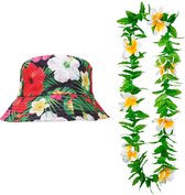 Carnaval verkleed set - Tropische Hawaii party - bucket hoed met bloemenslinger groen/wit - volwassenen